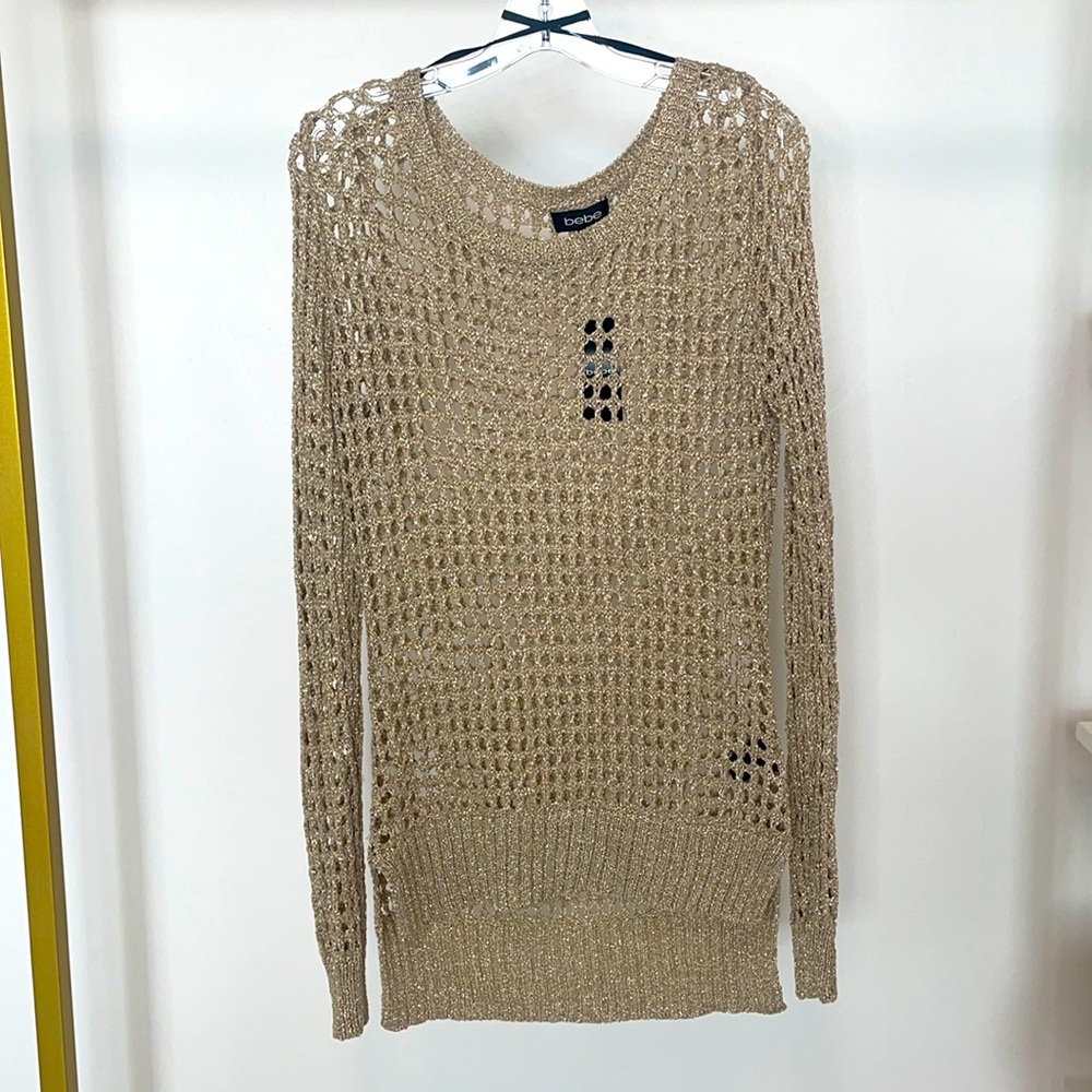 BEBE Knit Gold ✨ Cover-Up Sweater Open Stitch Woven Crochet